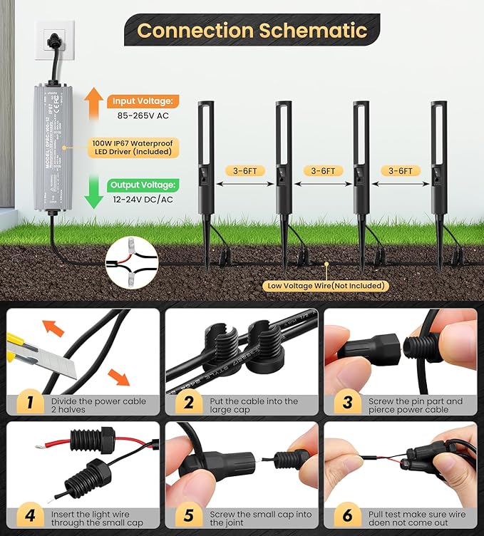MEIKEE 5W Pathway Lights Low Voltage, 12-24V Auto On/Off Landscape Lights with 100W Transformer 100FT Cord, 2700K Warm White Aluminum Landscape Outdoor Lighting for Yard Path Garden Lawn 12-Pack