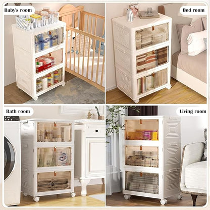 YFXCVSL 3 Tier Plastic Storage Bins with Lids 35QT, Stackable Storage Containers with Wheels, Folding Storage Boxes, Extra Large Collapsible Storage Bins, White