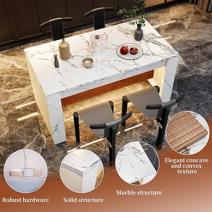 Faux Imitation Dining Table with 4 Velvet Dining Chairs Set, Marble Stripes Kitchen Island Table with Grille Design for 4-6, Luxury Island with LED Lights for Home Kitchen. (White)