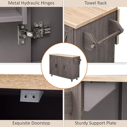51.2"W Geometric Twill Stripe Textured Design Island with Drop Leaf, Farmhouse Kitchen Cart on Wheels with Internal Storage Rack, Rolling Kitchen Cart with Towel Rack (Brown@044)