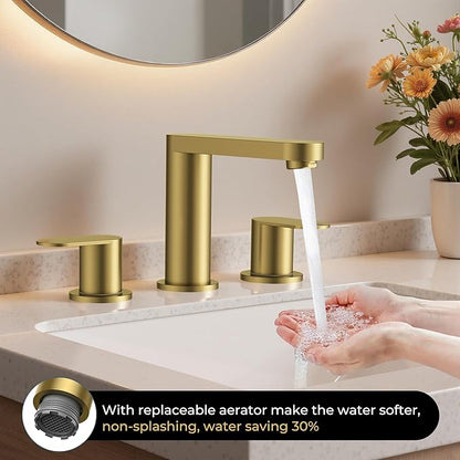 QFN Brushed Gold Bathroom Faucets 3 Hole, 8 inch Widespread Bathroom Faucet with Pop Up Drain and 24" cUPC Supply Hoses, Lead-Free Two Handles Suitable for 6-12 Inch RV, Restroom, Vanity Sink