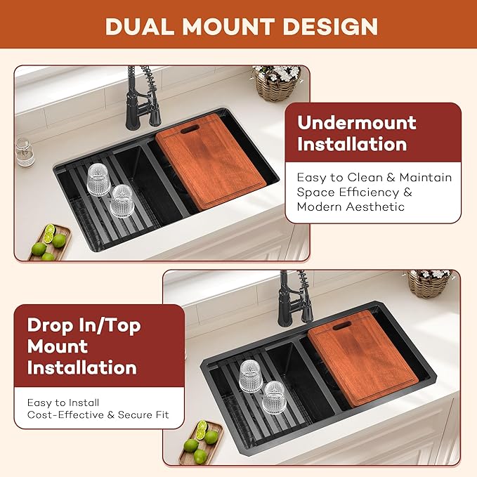 LQS Black Stainless Steel Kitchen Sink, 30 Inch Undermount Kitchen Sink, 50/50 Black Undermount Kitchen Sink with 10” Depth, X-Shaped Drain Line, Dual Mount Design and Round Corner