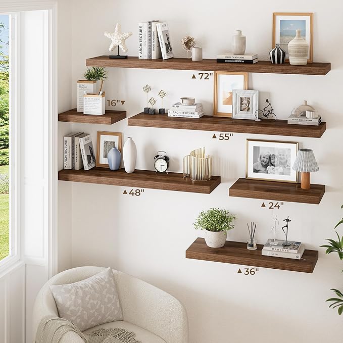 RICHFOCUS Deep Floating Shelves for Wall 2 Pack 12" D 36 Inch Wall Shelves for Room Wall|Wood Hanging Shelf with Invisible Brackets for Bathroom Bedroom Kitchen Laundry Room, Walnut