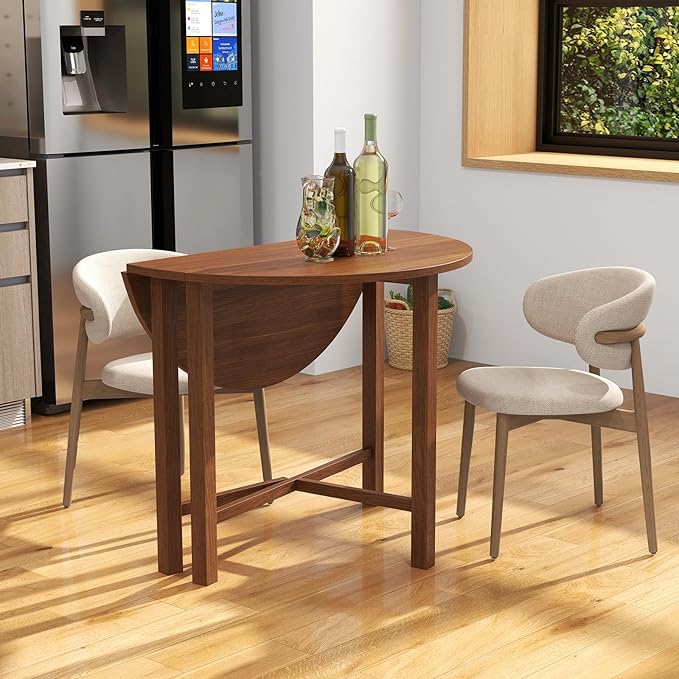 Giantex 36" Folding Dining Table for 2-4, Extendable Drop Leaf Kitchen Table with Solid Rubber Wood Frame, Space-Saving Round Dinner Table for Small Space, Living Dining Room, Dinette, Walnut