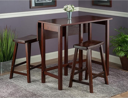 Lynnwood 3-Piece Drop Leaf High Table Set with Saddle Seat Counter Stools, Solid Wood, Antique Walnut Finish – Space-Saving Kitchen Island Dining Set