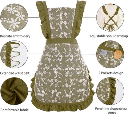 Pinknoke Vintage Pinafore Apron Dress for Women with Pockets Cute Floral Chef Aprons for Kitchen Cooking Baking Gardening