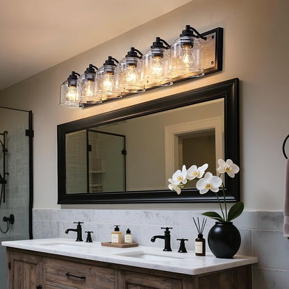 Vanity Lights for Bathroom Large 48 inch, Farmhouse Rustic Vanity Light with Bubble Glass Shades, Gray 6 Light Bathroom Lighting Fixtures Over Mirror, Bath Wall Sconce Home Decor