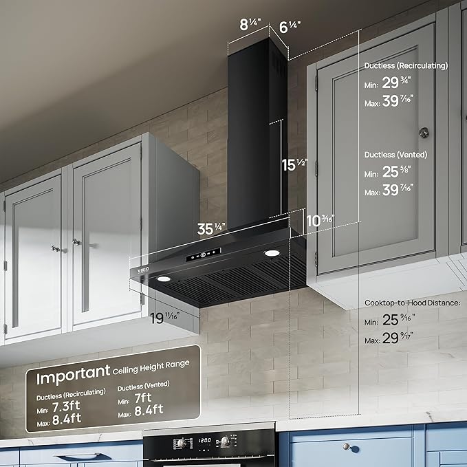 VIKIO HOME Wall Mount Range Hood 36 inch, 580 CFM Kitchen Vent Hood, Ducted/Ductless Convertible with Touch Control, Stainless Steel Stove Vent Hood, Easy Clean Filter, Black