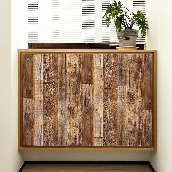 Yun-aeon Brown Wood Peel and Stick Wallpaper 17.3" X 200"Coffee Brown PVC Self Adhesive Wood Wall Peel and Stick Paper for Wall Covering Furniture Countertop Kitchen Christmas DIY