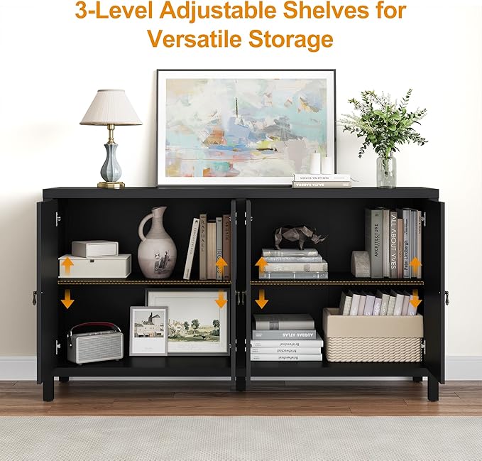 RoyalCraft Buffet Cabinet with Storage, 60" W Modern Coffee Bar Sideboard with 4 Doors & Adjustable Shelves, Painted Wooden Credenza for Dining Room, Kitchen, Living Room, Entryway, Black