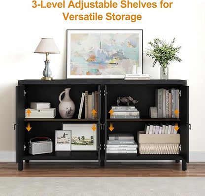 RoyalCraft Buffet Cabinet with Storage, 60" W Modern Coffee Bar Sideboard with 4 Doors & Adjustable Shelves, Painted Wooden Credenza for Dining Room, Kitchen, Living Room, Entryway, Black