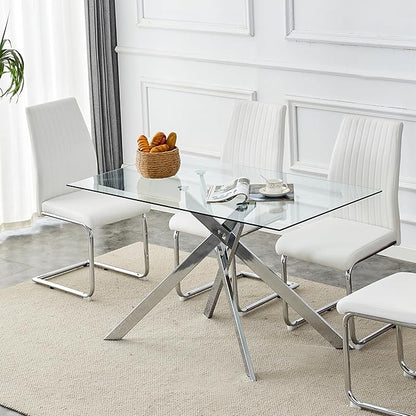 Dining Table with Tempered Glass Top, Modern Glass Dining Room Table Rectangle, Chrome Silver Geometric Metal Leg, Kitchen Table 51" L x 29.5" W x 30" H, Silver