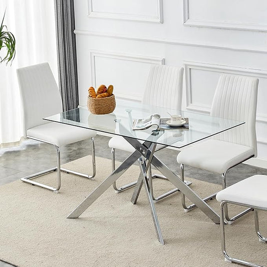 Dining Table with Tempered Glass Top, Modern Glass Dining Room Table Rectangle, Chrome Silver Geometric Metal Leg, Kitchen Table 51" L x 29.5" W x 30" H, Silver