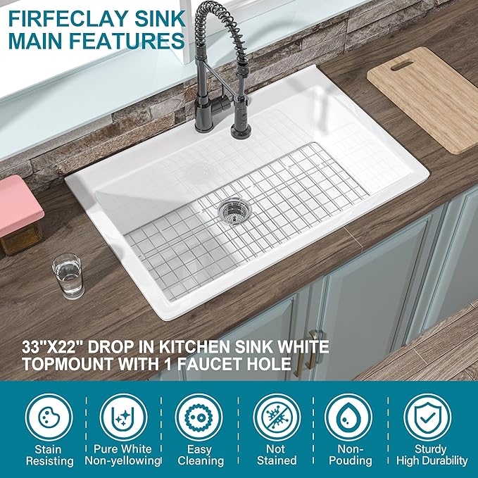 33x22 Drop In Kitchen Sink White 1 Hole, 33 Inch Topmount Fireclay Sink Drop In Single Bowl, Heavy Duty Large Capacity Deep Basin, w 2 Custom Accessories, Pure White, for Kitchen