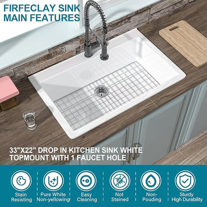 33x22 Drop In Kitchen Sink White 1 Hole, 33 Inch Topmount Fireclay Sink Drop In Single Bowl, Heavy Duty Large Capacity Deep Basin, w 2 Custom Accessories, Pure White, for Kitchen