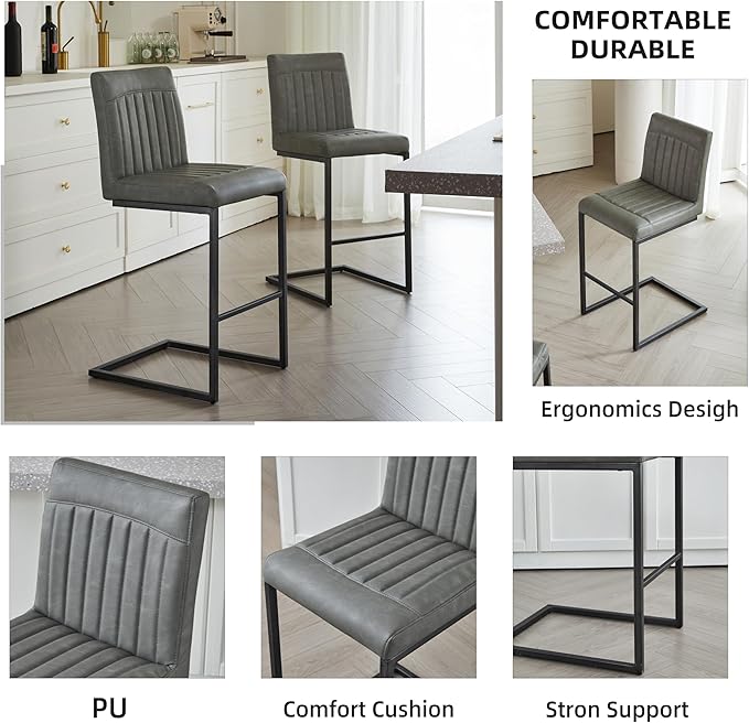 26" Counter Height Bar Stools Set of 2, Modern Upholstered Chairs with Vertical Tufted Backrest & Footrest, Metal Frame for Kitchen Island, Home Bar (Gray PU Leather)