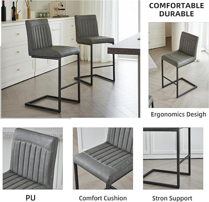 26" Counter Height Bar Stools Set of 2, Modern Upholstered Chairs with Vertical Tufted Backrest & Footrest, Metal Frame for Kitchen Island, Home Bar (Gray PU Leather)