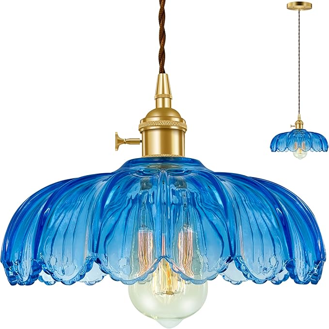 Pendant Light Fixture, Hanging Light Fixture, Glass Shade Pendant Light with Rotary Switch, Modern Lamp for Kitchen Island, Bedroom, Dining Room, Living Room (Blue Lotus, Hard-Wired)