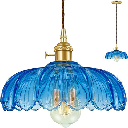 Pendant Light Fixture, Hanging Light Fixture, Glass Shade Pendant Light with Rotary Switch, Modern Lamp for Kitchen Island, Bedroom, Dining Room, Living Room (Blue Lotus, Hard-Wired)