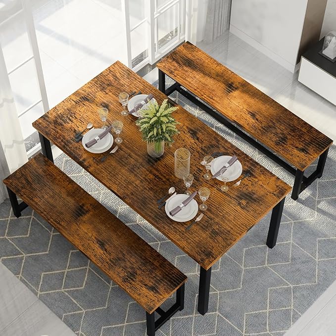 Recaceik 47” Dining Table Set for 4, 3-Piece Kitchen Table with 2 Benches, Wood Kitchen Table and Chair Set, Space-Saving Dining Room Set Dinette Set for Breakfast Nook and Small Space, Rustic Brown