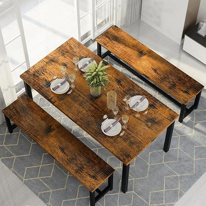 Recaceik 47” Dining Table Set for 4, 3-Piece Kitchen Table with 2 Benches, Wood Kitchen Table and Chair Set, Space-Saving Dining Room Set Dinette Set for Breakfast Nook and Small Space, Rustic Brown
