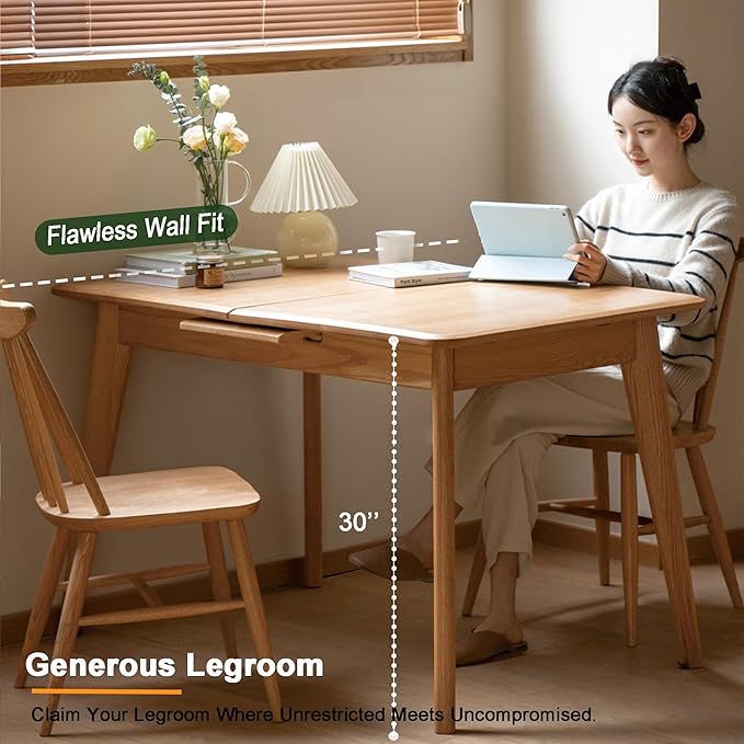 Solid Oak Extendable Dining Table for 4-6 People, 47.2 to 63 Inch, Seamless Expansion, Round Corner Design with Diagonal Legs, Farmhouse Kitchen Table for Small Spaces (Oak)