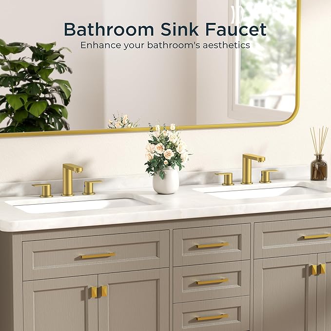 FORIOUS Brushed Gold Bathroom Faucets 3 Hole, 8 Inch Widespread Bathroom Sink Faucet with Pop-up Drain and cUPC Supply Lines for Basin, Vanity, Laundry Room, Restroom and RV