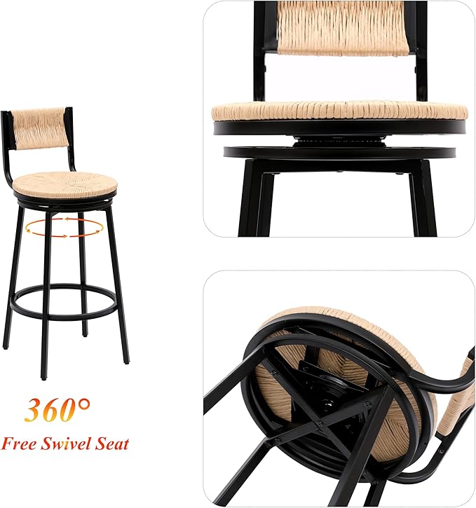 Honey Swivel Bar Stools Paper Rope Handwoven Barstools with Back Set of 2 Rustic Round Counter Chairs for Dining Room, Kitchen Island
