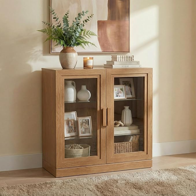 Casaphoria Adam Sideboard Buffet Cabinet with Storage, Display Cabinet with Glass Doors & Adjustable Shelves, 31" W x 36" H Buffet Cabinet for Entryway Kitchen Living Room, Oak