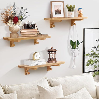 Wooden Floating Shelves for Wall, 15.7" W x 6" D x 0.6" H Large Wall Shelves, Hanging Storage Shelf with Hooks for Living Room, Kitchen, Bathroom, Bedroom Decor, Natural, 3 Packs