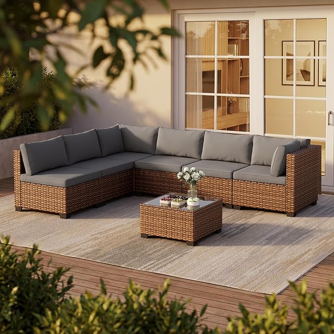 Qsun 7 Pieces Patio Furniture Set, Outdoor Sectional Rattan Sofa Set, Wicker Patio Conversation Set with Cushions and Glass Coffee Table, for Balcony, Porch, Garden, Grey