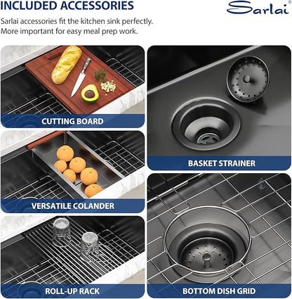 Sarlai 33 Inch Black Undermount Kitchen Sink Double Bowl 33 x 19 Inch Low Divided Gunmetal Black Workstation Double Kitchen Sink Stainless Steel 16 Gauge 60/40 Sinks Basin