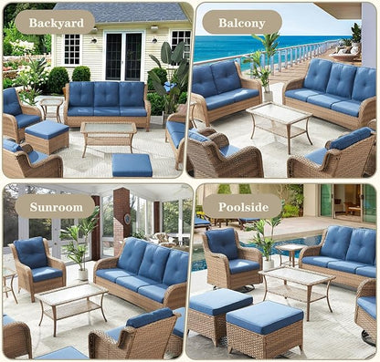 Belord Outdoor Coffee Table for Patio - 40 Inch Rattan Patio Coffee Table with 2-Layer Storage, Rectangular Tempered Glass Outdoor Wicker Table for Porch Balcony Deck Yellow