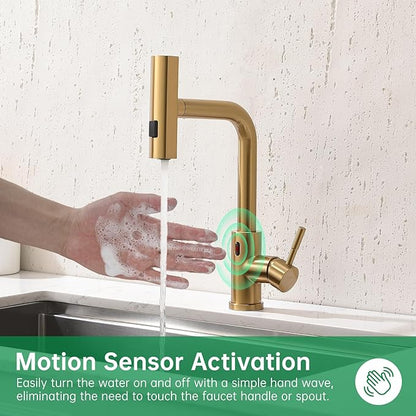 CENOSA Touchless Kitchen Faucet Motion Sensor Hands Free Single Handle Kitchen Sink Faucet with Pull Down Sprayer Brusshed Gold