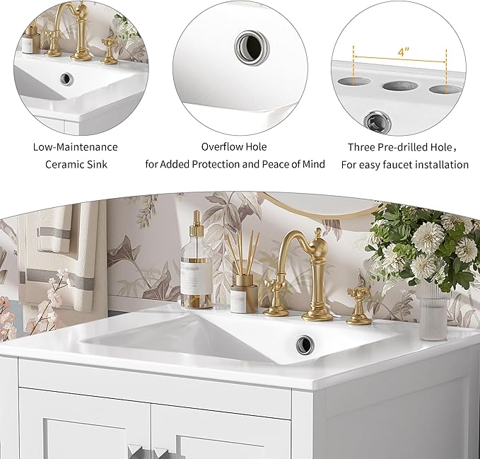 Favfurish 24" Modern Bathroom Vanity with Ceramic Sink, Freestanding Storage Cabinet w/2 Soft-Close Doors & 1 Drawer, Double-Layer Door Shelf, Solid Wood Frame for Small Bathrooms, Easy Assembly,White