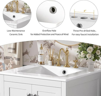 Favfurish 24" Modern Bathroom Vanity with Ceramic Sink, Freestanding Storage Cabinet w/2 Soft-Close Doors & 1 Drawer, Double-Layer Door Shelf, Solid Wood Frame for Small Bathrooms, Easy Assembly,White