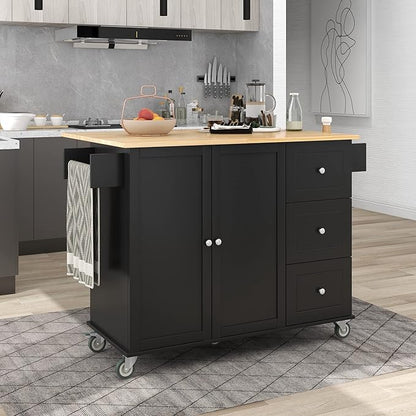 GOWE Rolling Mobile Kitchen Island with Solid Wood Top and Locking Wheels,52.7 Inch Width,Storage Cabinet and Drop Leaf Breakfast Bar,Spice Rack, Towel Rack & Drawer (Black)
