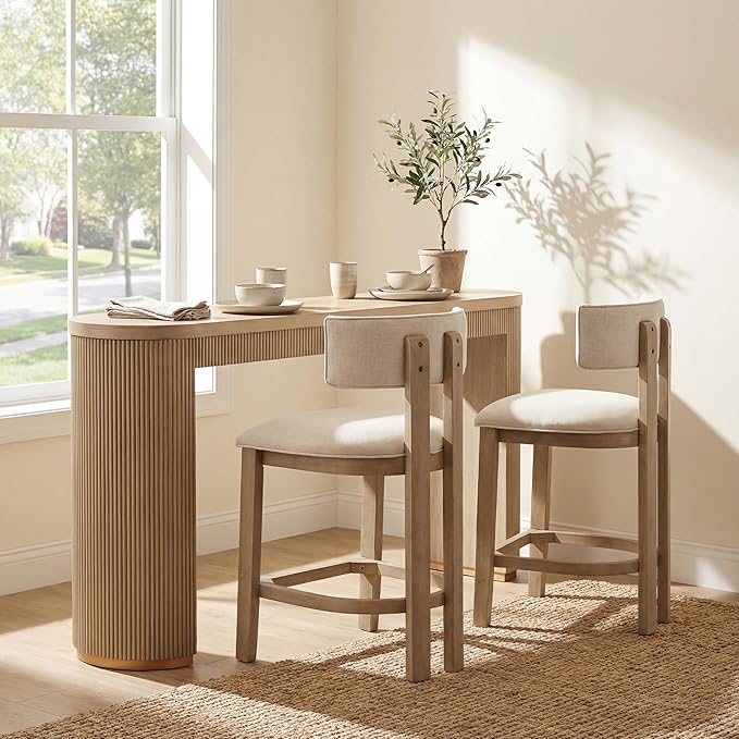 Christopher Knight Home Minso Bar Table and Chairs Set of 2, 3 Piece Bar Table Set with Upholstered Counter Stool, Rubberwood Counter Height Dining Set for 2, Light Ash+Beige