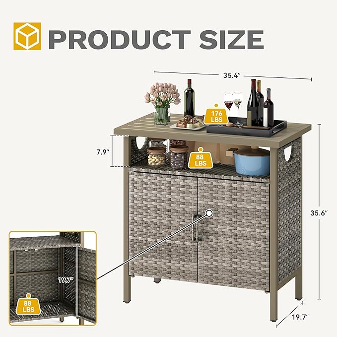 DWVO Patio Storage Cabinet, Outdoor Buffet Cabinet with Two Doors and Shelves, Outdoor Storage Table with PE Rattan for Patio, Backyard, Garden - Light Brown
