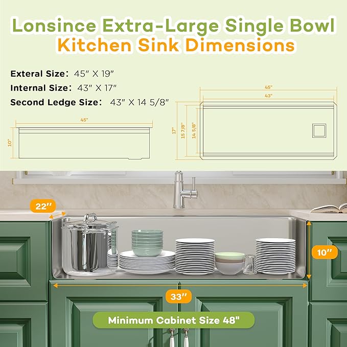 Undermount Kitchen Sink 45 inch,16 Gauge Stainless Steel Single Bowl Undermount Sink Two-Tiered Ledge,Spacious & Large Kitchen Sink Offset Drain (45" X 19")