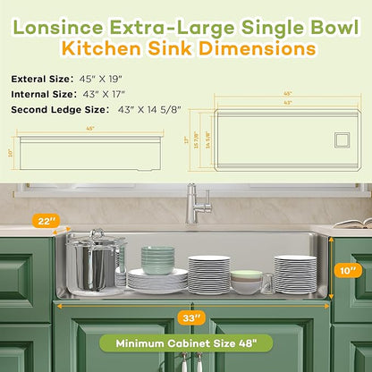 Undermount Kitchen Sink 45 inch,16 Gauge Stainless Steel Single Bowl Undermount Sink Two-Tiered Ledge,Spacious & Large Kitchen Sink Offset Drain (45" X 19")