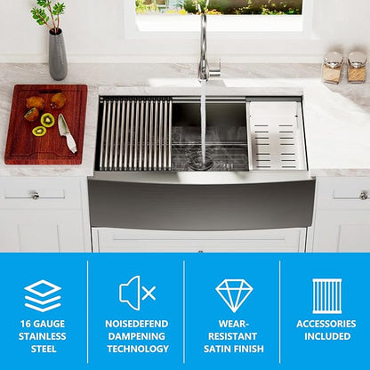 Farmhouse Sink, 33 x 22 Inch Undermount Black Stainless Steel Apron Front Single Bowl 10 Inch Deep Workstation Sink with Cutting Board