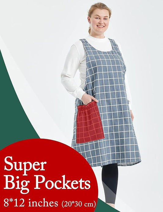 Big Plus Size Aprons for Women with Pockets Cotton Linen Baking Kitchen Cooking