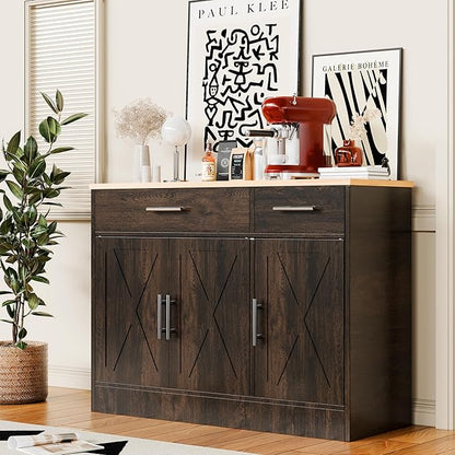 Buffet Cabinet with Drawers, Wooden Storage with 3 Doors and 2 Drawers, Adjustable Shelf, Modern Farmhouse Coffee Bar Cabinet with Storage for Kitchen/Laundry/Living Room, Brown