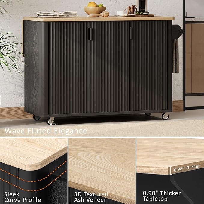 RUNNA Fluted Kitchen Island with Drop Leaf, Farmhouse Accent Kitchen Island on Wheels with Internal Storage Rack,Rolling Cart with Towel Rack,Dining Room,Black Ash (Black@046)