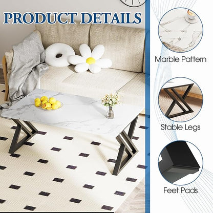 Wolawu Coffee Table White Living Room Center Table, Simple Modern Faux Marble Rectangular Tea Table with Sturdy Black Metal Frame,Industrial Wooden Coffee Table for Bedroom Home Office