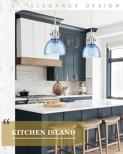 2 Pack Pendant Lights Kitchen Island, 7.5" Farmhouse Pendant Lighting with Blue Seeded Glass Shade, Vintage Hanging Light Fixtures for Dining Room, Brushed Nickel Finish, AD-22151-1P2-SN-BL