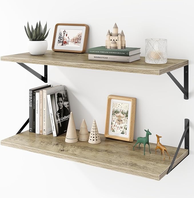 Acovy Deep Floating Shelves Wall Mounted, 30"x12" Gray Wall Shelves with Brackets Set of 2 for Bedroom, Living Room, Bathroom, Kitchen, Office - Storage & Display Shelf for Decor, Books, Plants