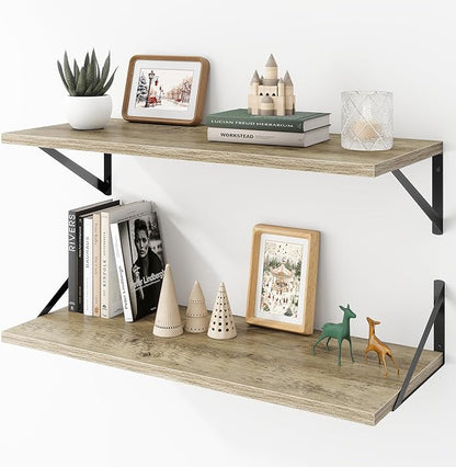 Acovy Deep Floating Shelves Wall Mounted, 30"x12" Gray Wall Shelves with Brackets Set of 2 for Bedroom, Living Room, Bathroom, Kitchen, Office - Storage & Display Shelf for Decor, Books, Plants