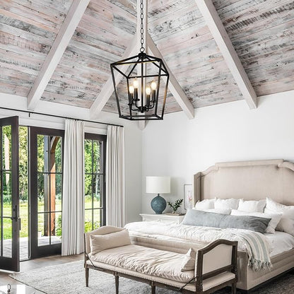 BrightHome Farmhouse Chandelier 4-Light, Black Pendant Light Fixture for Kitchen Island Dining Room, Lantern Industrial Lighting Ceiling Hanging with Metal Cage Adjustable Height for Entryway Foyer